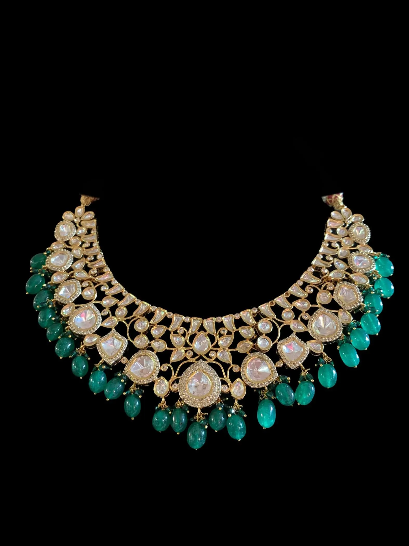 NS16 Tanu polki with emerald  beads necklace set (READY TO SHIP )