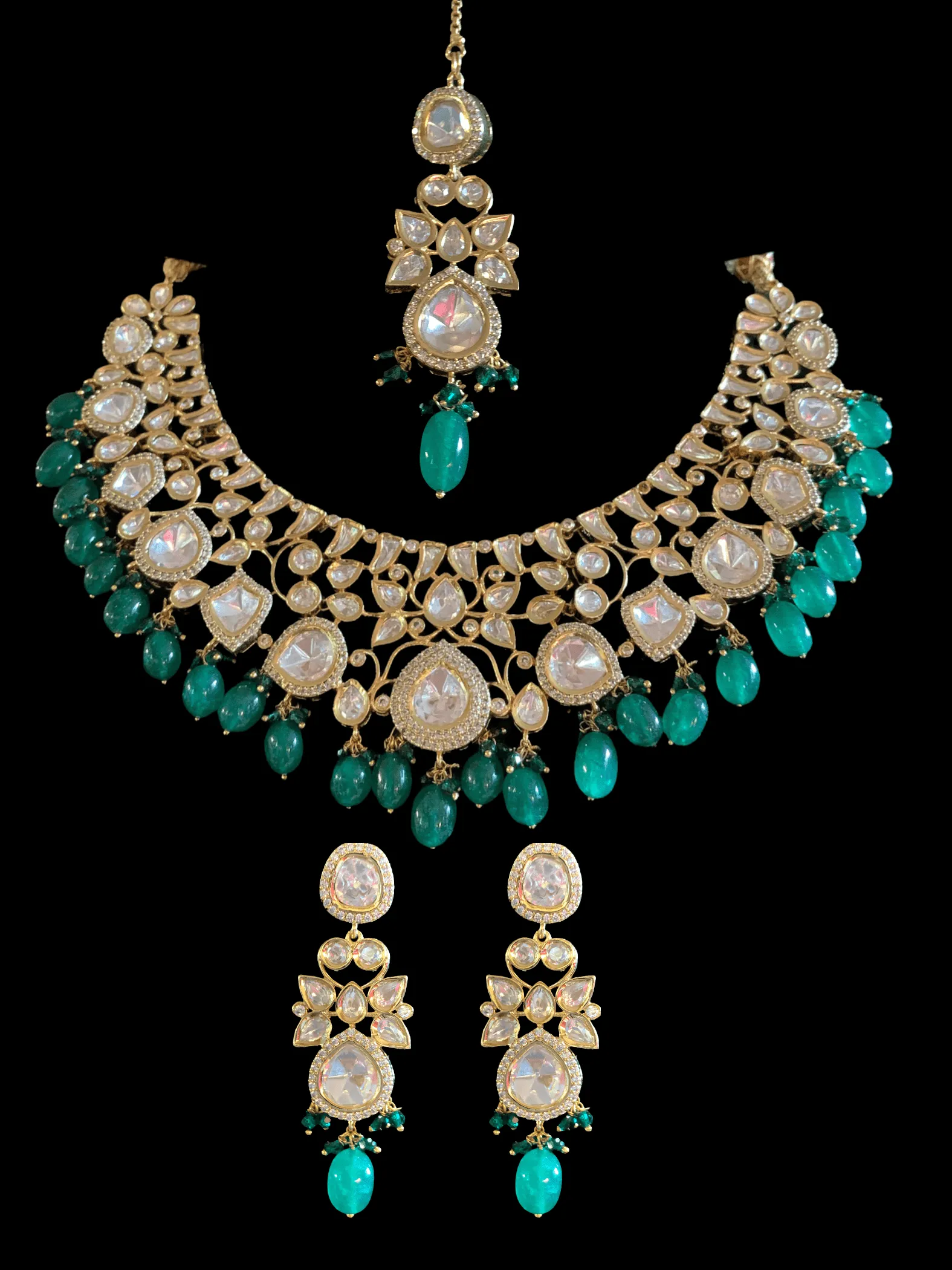 NS16 Tanu polki with emerald  beads necklace set (READY TO SHIP )