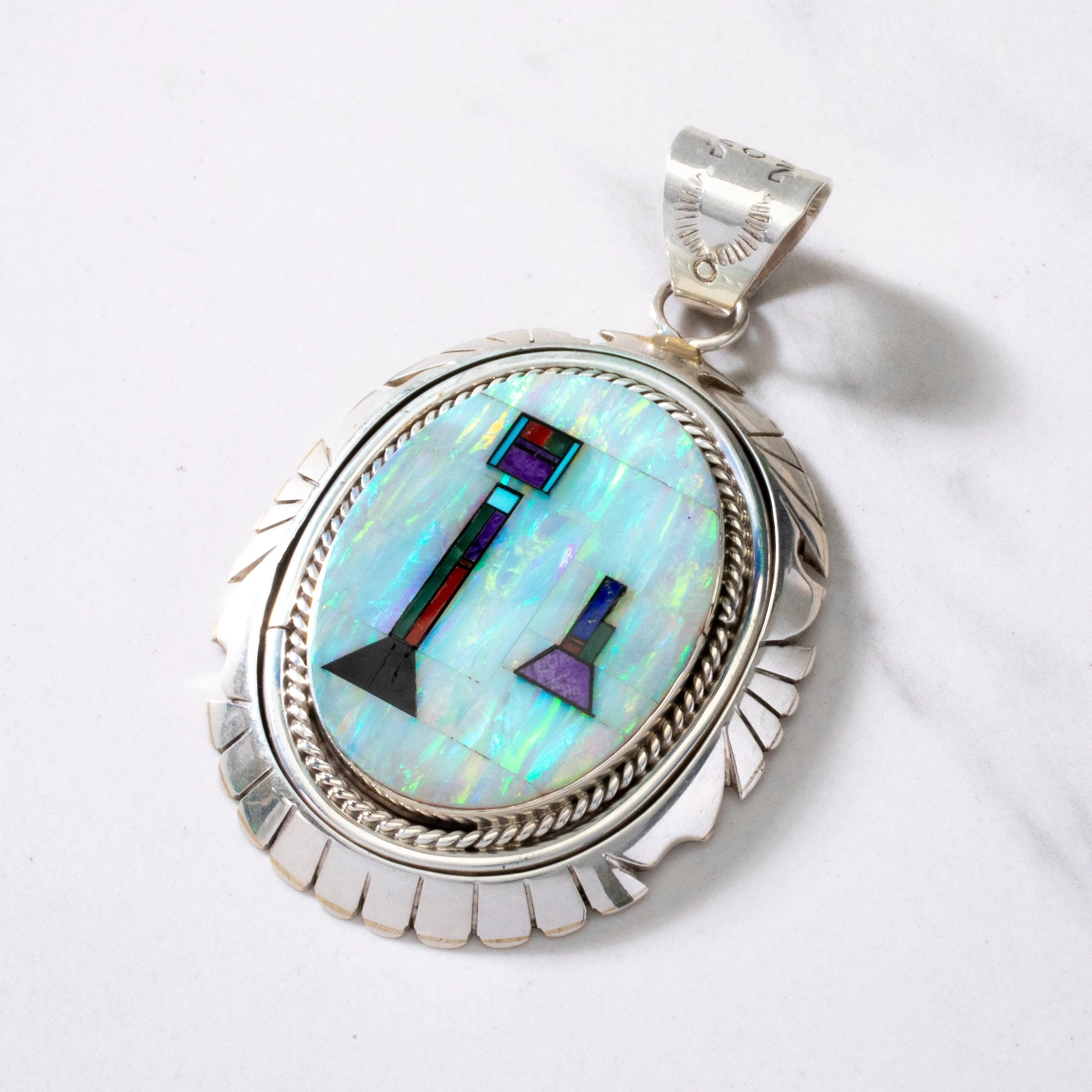 Opal & Multi Gem Inlay Navajo USA Native American Made 925 Sterling Silver Pendant