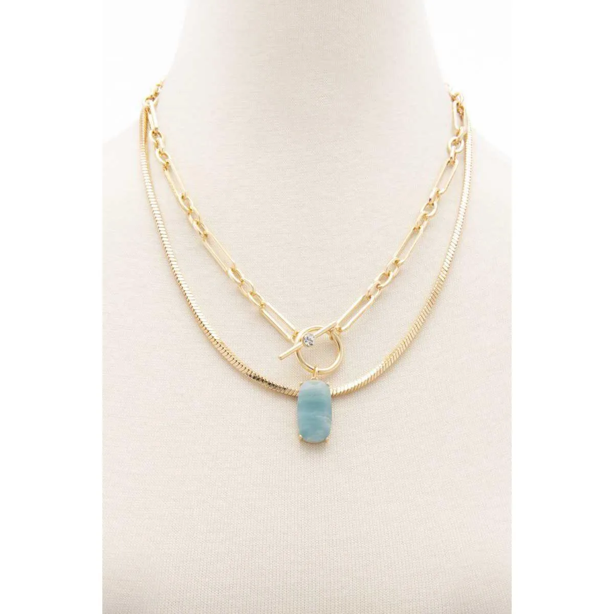 Oval Stone Toggle Clasp Layered Necklace