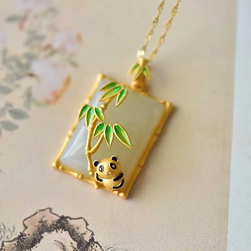 Panda Bear Jade Enamel Bamboo Leaf Pendant Necklace