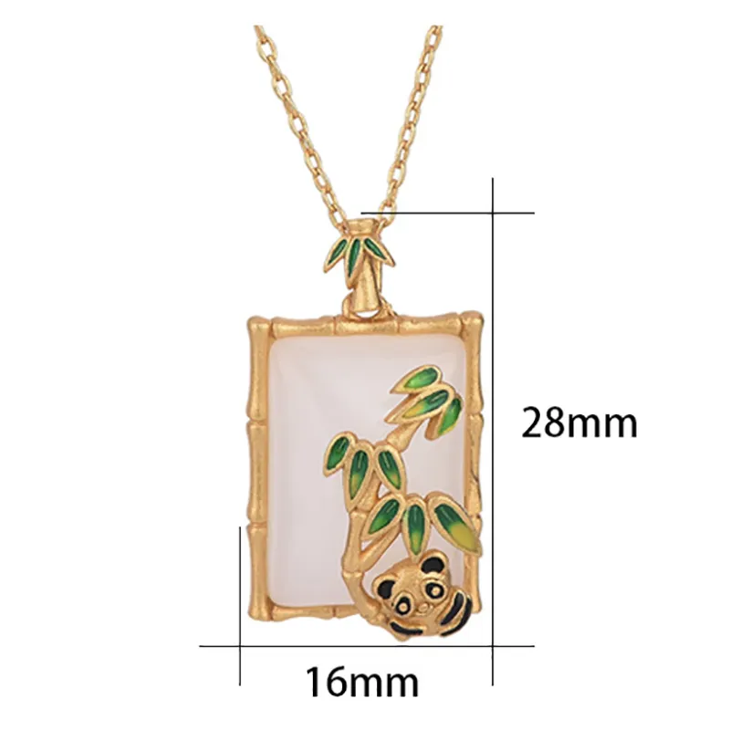 Panda Bear Jade Enamel Bamboo Leaf Pendant Necklace