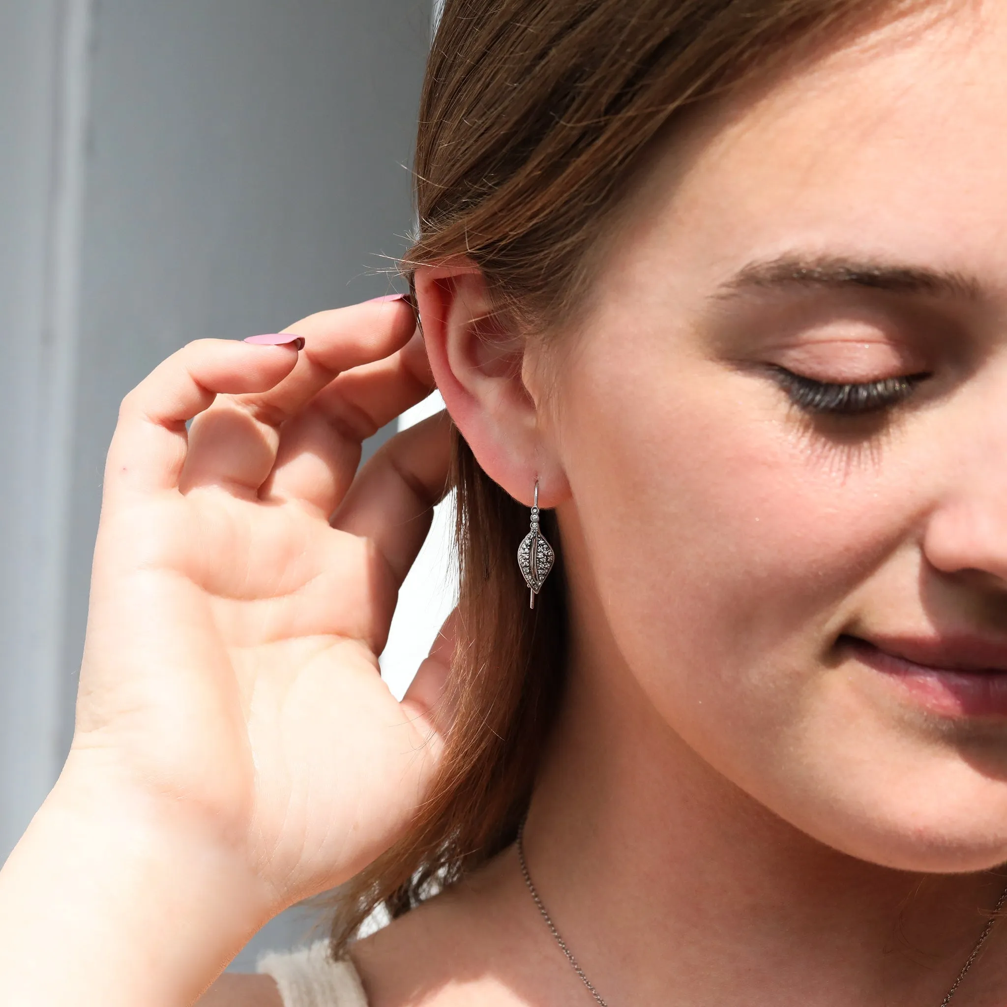 Platinum & Pave Diamond Small Leaf Earrings