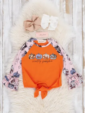 "Country Pumpkin" Ruffle Sleeve Tie Top