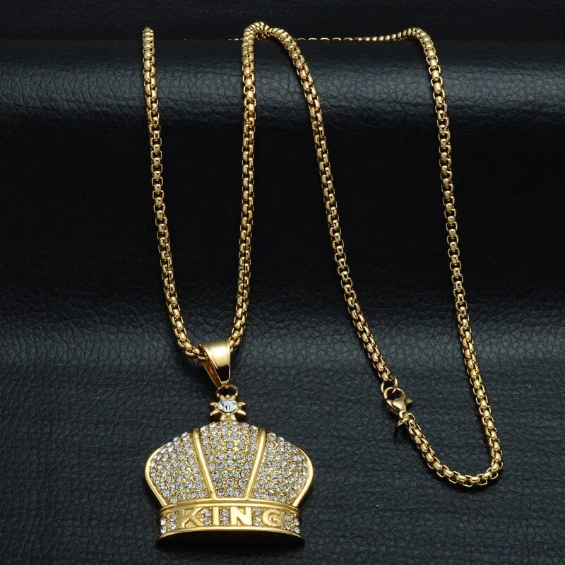 Rhinestone-Studded Gold-Plated King Crown Bling 316L Stainless Steel Hip-hop Pendant Necklace