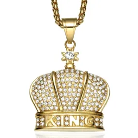 Rhinestone-Studded Gold-Plated King Crown Bling 316L Stainless Steel Hip-hop Pendant Necklace