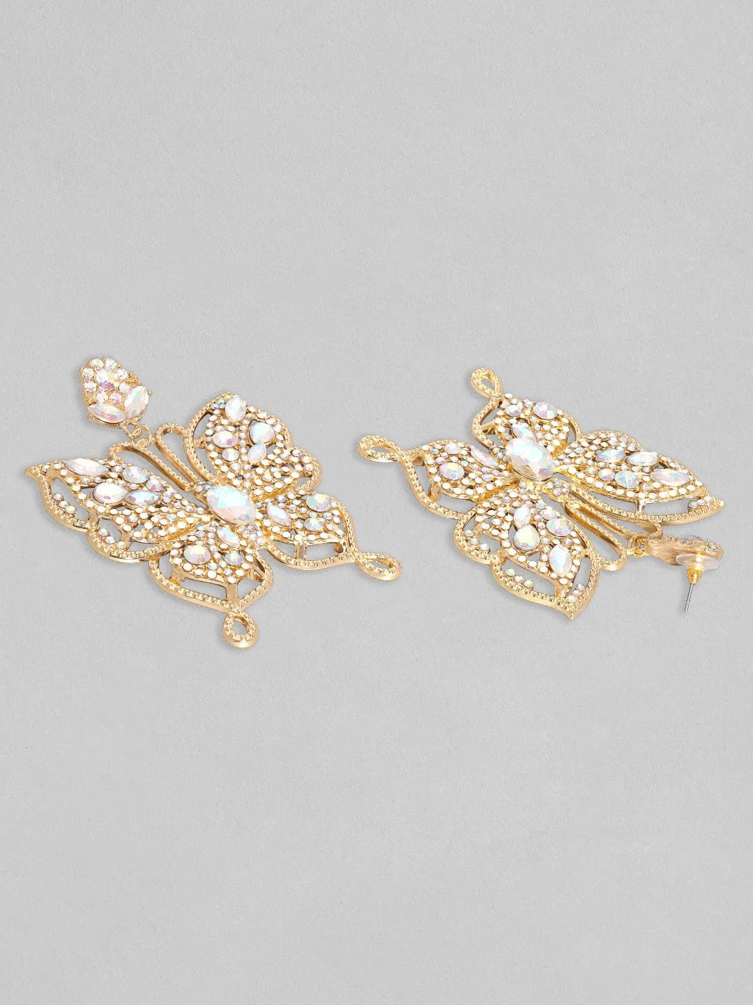 Rubans Voguish 18K Gold Toned White Zircons Studded Butterfly Dangle Earrings