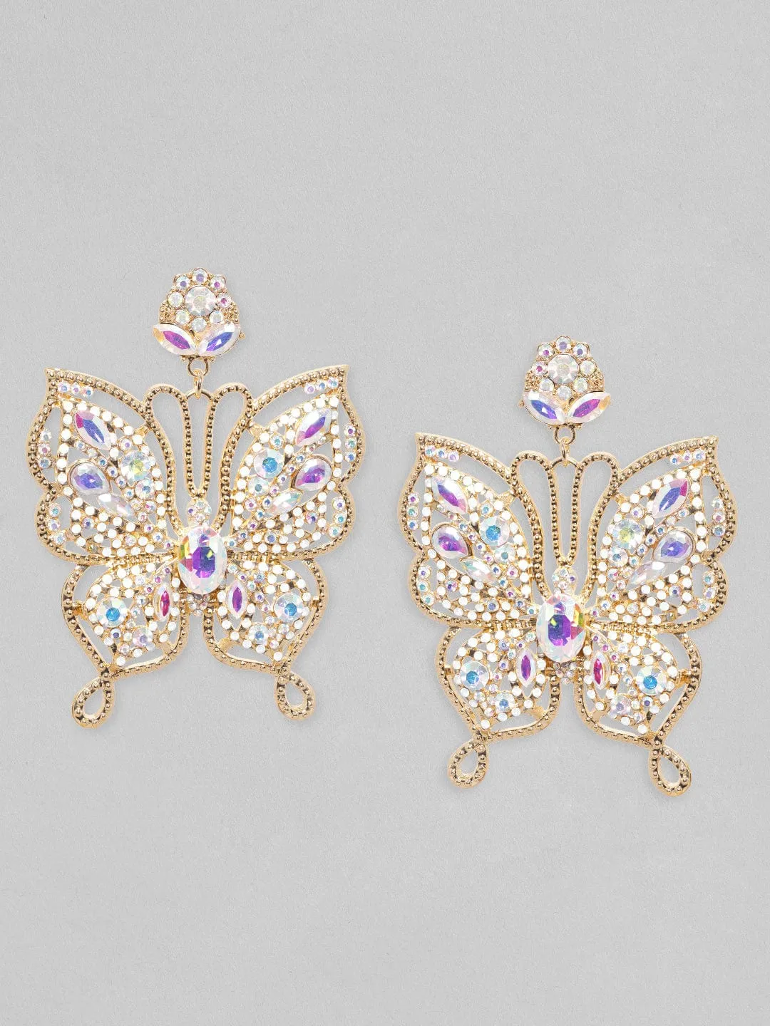 Rubans Voguish 18K Gold Toned White Zircons Studded Butterfly Dangle Earrings