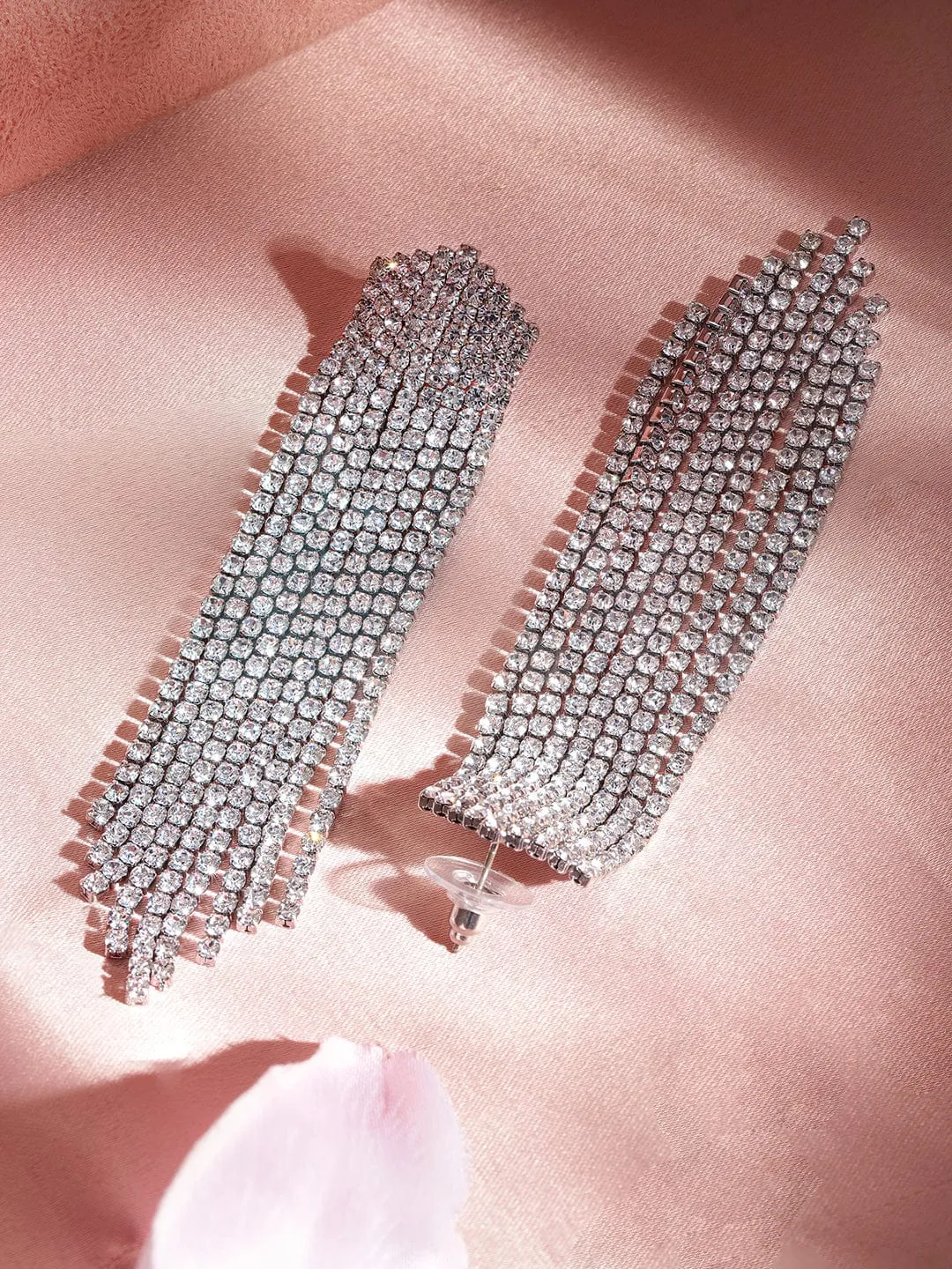 Rubans Voguish Rhodium Plated Korean Zirconia Studded Statement Shoulder Duster Earrings