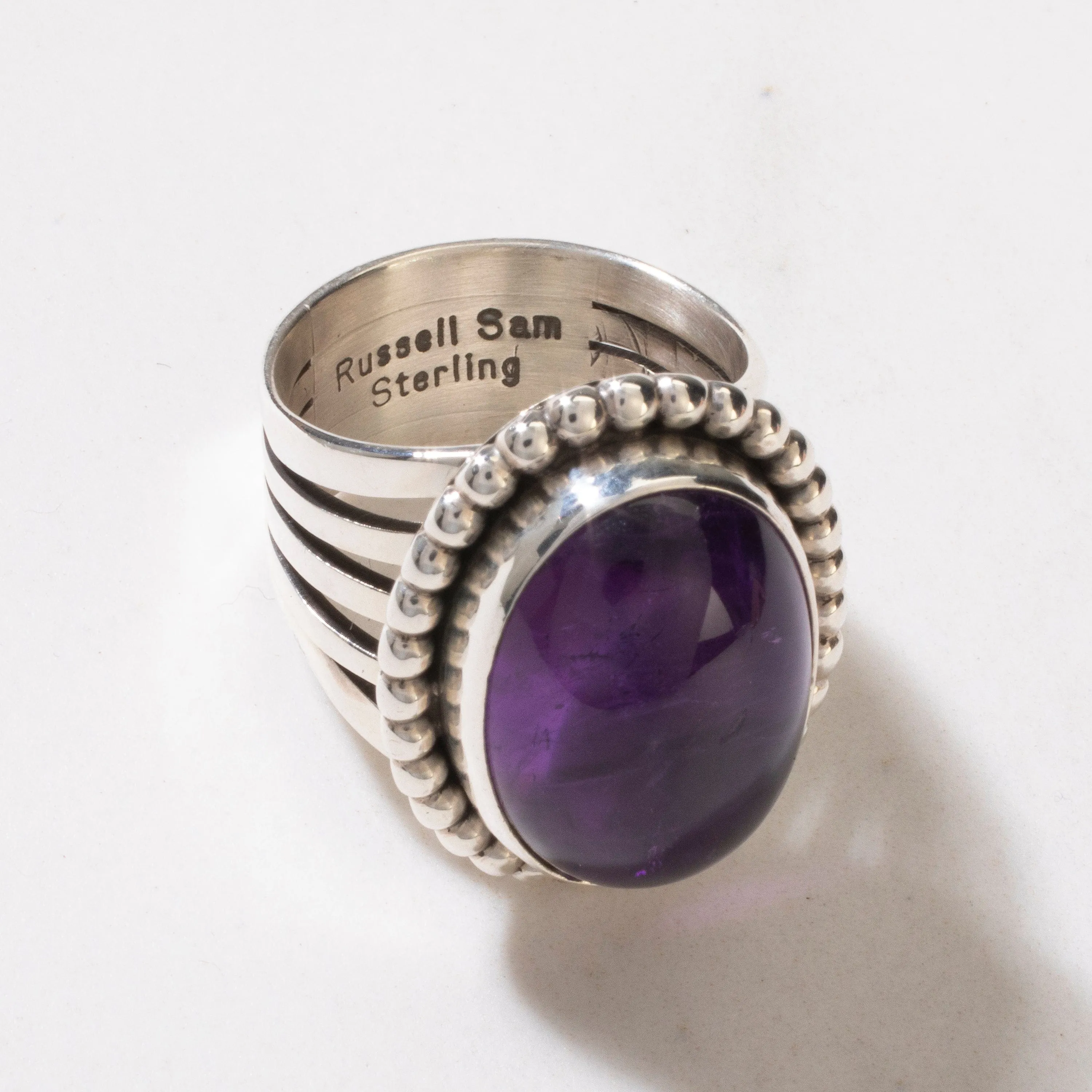 Russell Sam Amethyst Cabochon Navajo USA Native American Made 925 Sterling Silver Ring