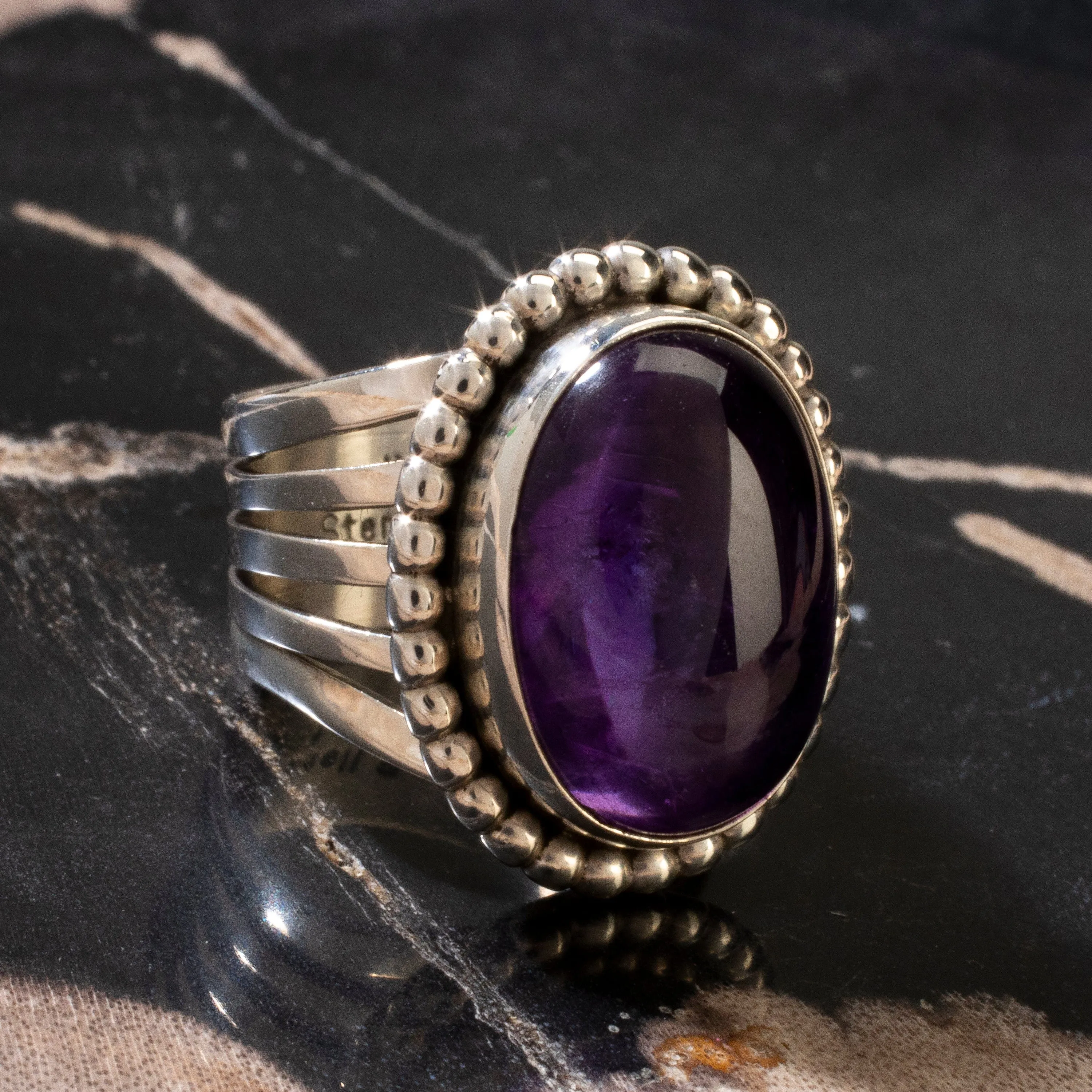 Russell Sam Amethyst Cabochon Navajo USA Native American Made 925 Sterling Silver Ring