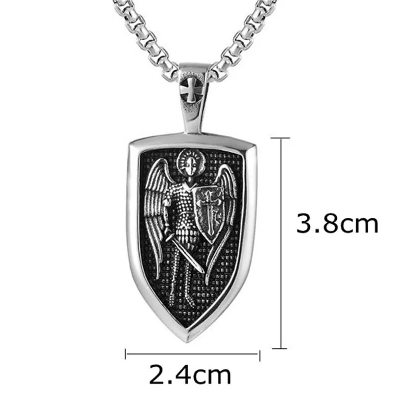 Rustic Silver Archangel Shield Pendant Chain Necklace