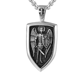 Rustic Silver Archangel Shield Pendant Chain Necklace