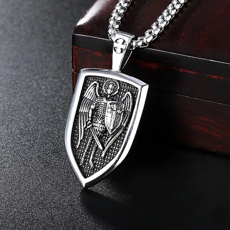 Rustic Silver Archangel Shield Pendant Chain Necklace