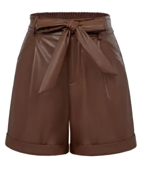 Seckill Offer⌛Leather High Waist Bow Elasticated Waist Shorts