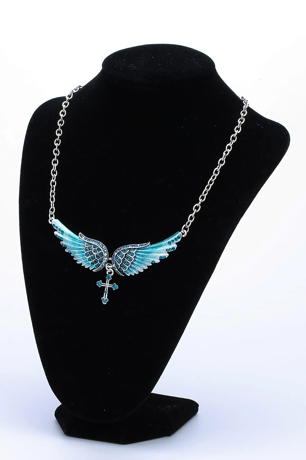 Silver Crystal Angelic Wing Cross Pendant Necklace