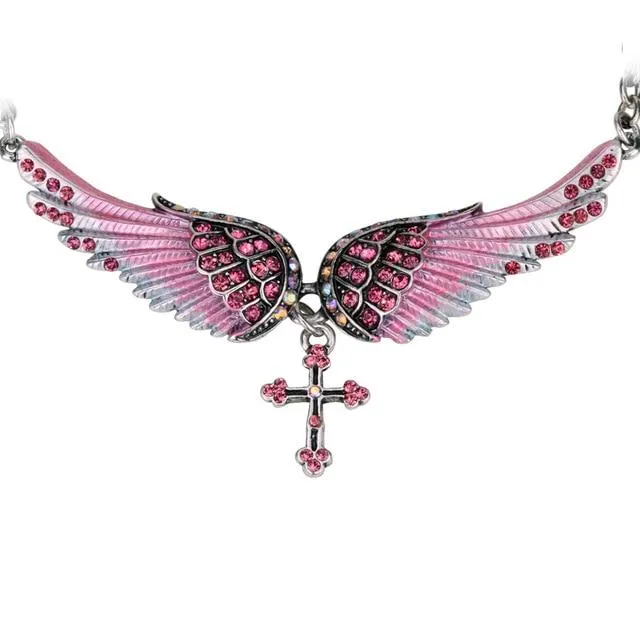 Silver Crystal Angelic Wing Cross Pendant Necklace