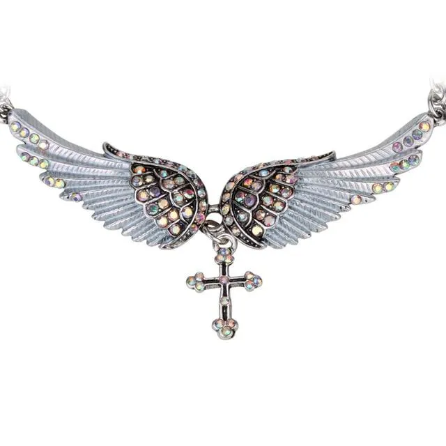 Silver Crystal Angelic Wing Cross Pendant Necklace