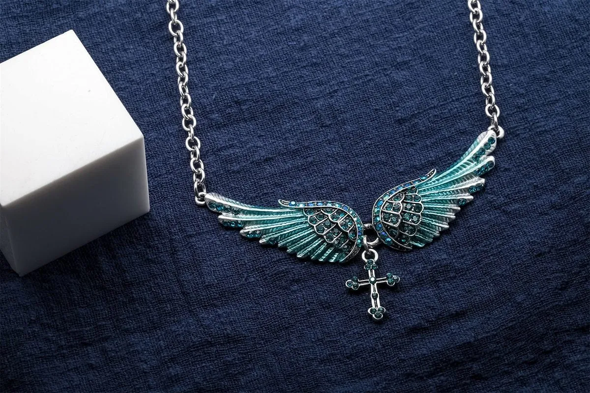 Silver Crystal Angelic Wing Cross Pendant Necklace