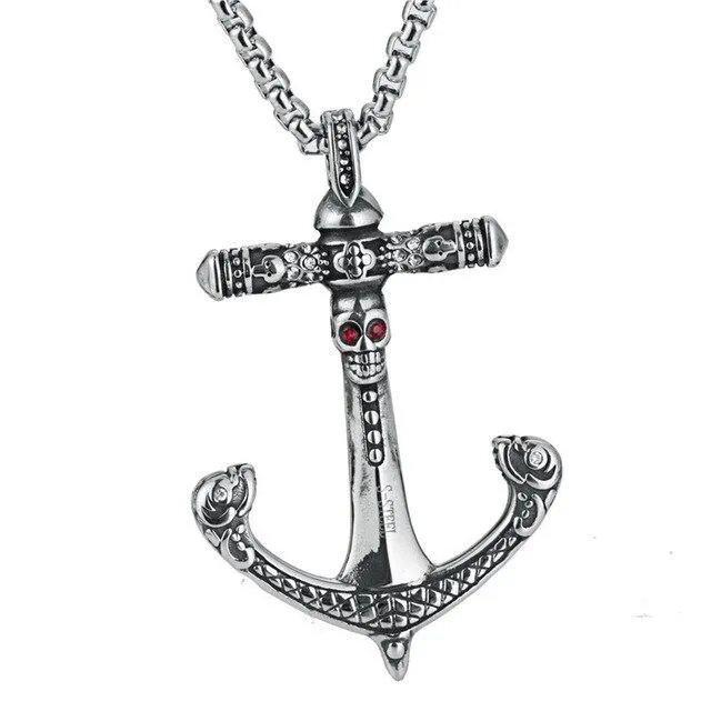 Silver Crystal Red-Eyed Skull Anchor Pendant Necklace