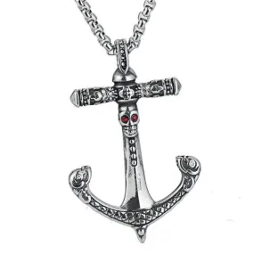 Silver Crystal Red-Eyed Skull Anchor Pendant Necklace