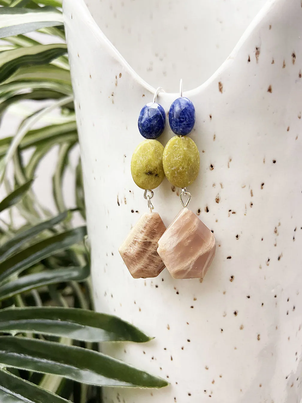 sodalite and peach aventurine collage earrings