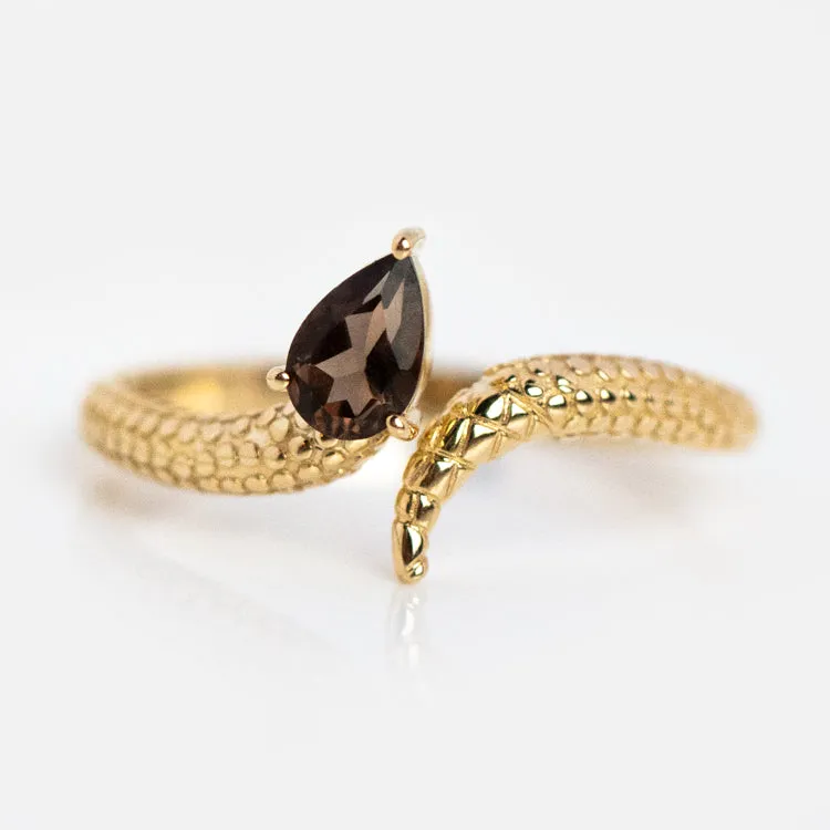 Solid Gold Smoky Quartz Snake Ring for Transformation