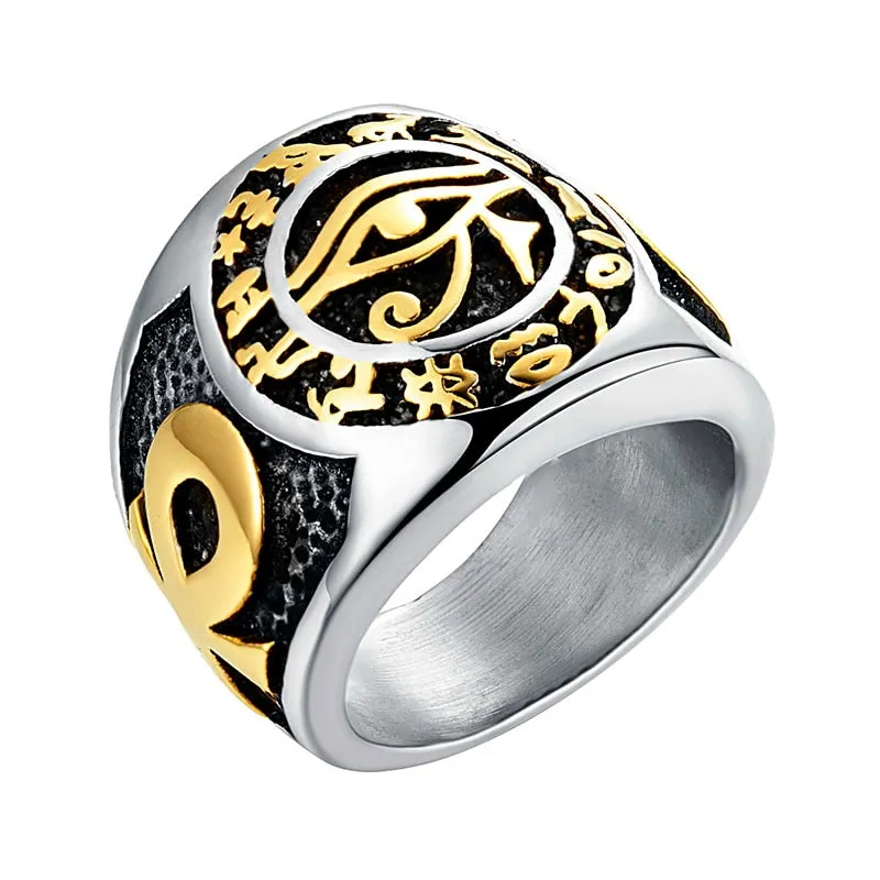 Stainless Steel Two-Tone Eye of Horus Ankh Cross Ring