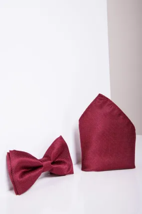 TOBY - Birdseye Print Bow Tie and Pocket Square Set In Wine