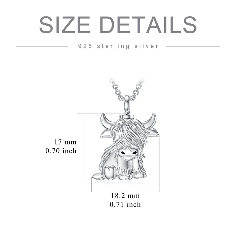 Urn Necklace for Ashes 925 Sterling Silver Highland Cow Cremation Necklaces Memorial Keepsake Jewelry Pendant for Women Men with Filling Tool