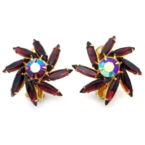 【USA輸入】ヴィンテージ バーガンディ フラワー ラインストーン イヤリング/Vintage Burgundy Flower Rhinestones Clip On Earrings