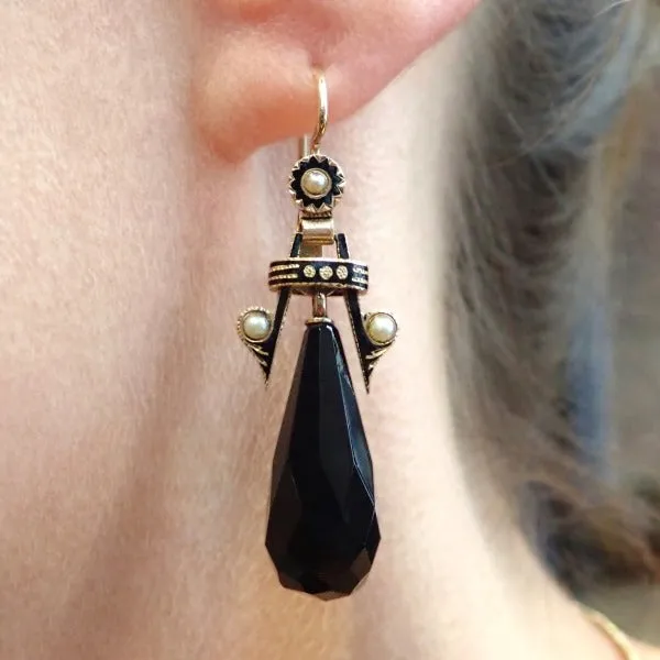 Victorian Onyx & Pearl Drop Earrings