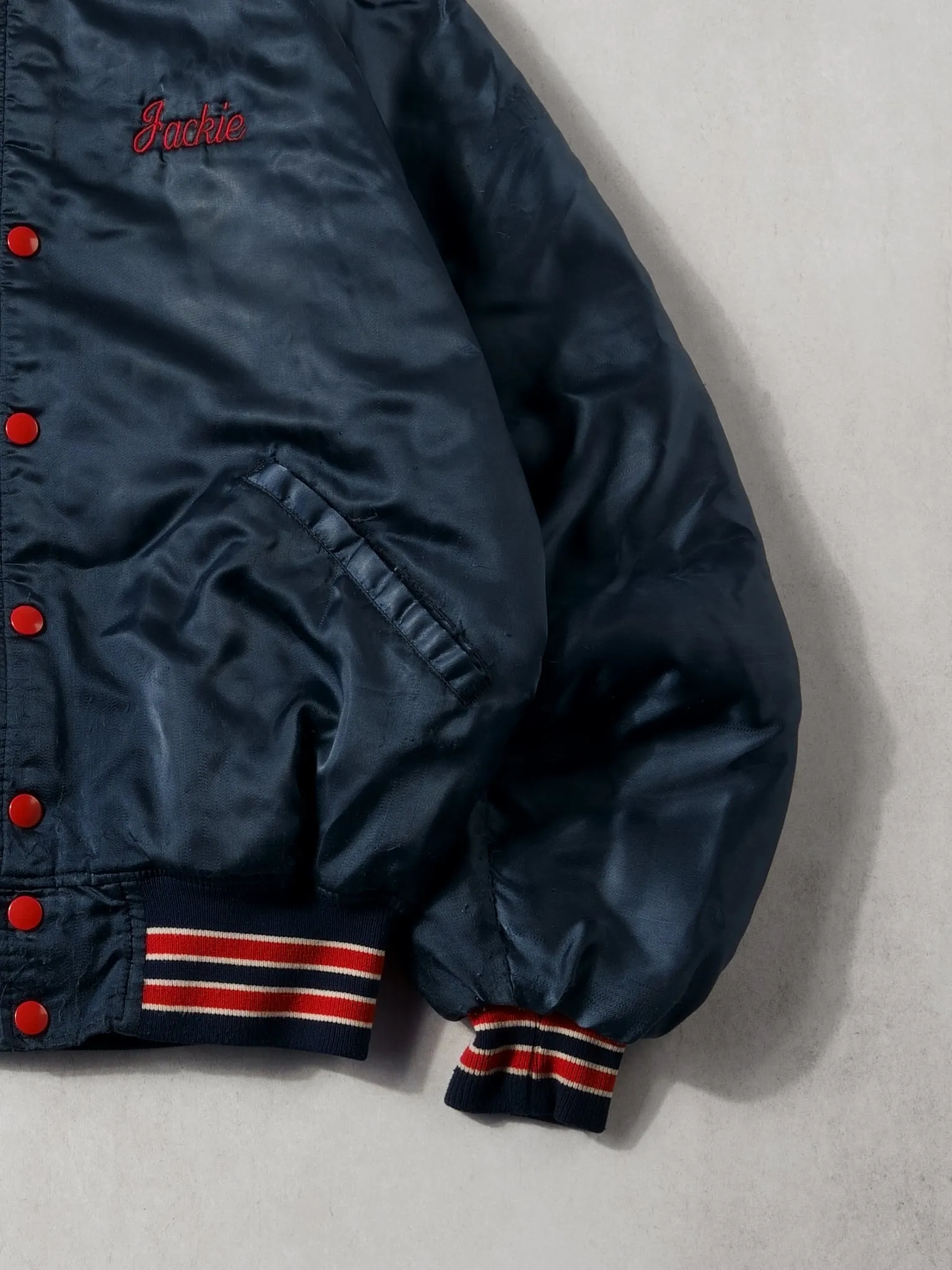 Vintabe 90s Navy Blue and Red AC Express Bomber Jacket (L)