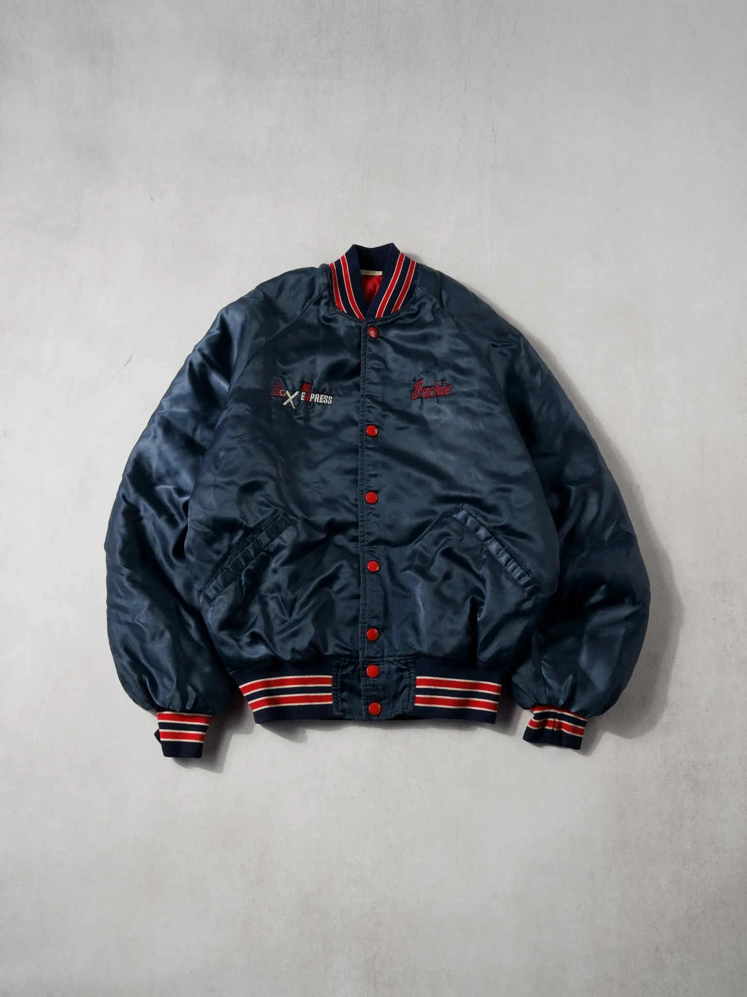 Vintabe 90s Navy Blue and Red AC Express Bomber Jacket (L)