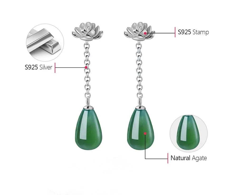 Water Drop Lotus Drop Earrings - 925 Sterling Silver