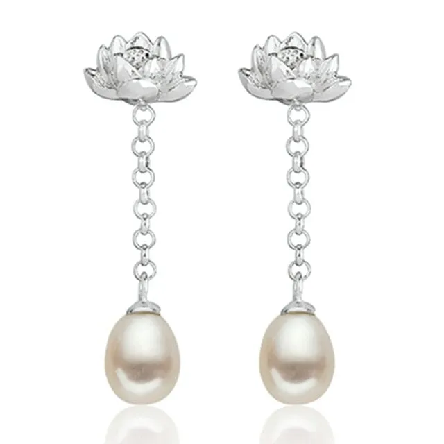 Water Drop Lotus Drop Earrings - 925 Sterling Silver